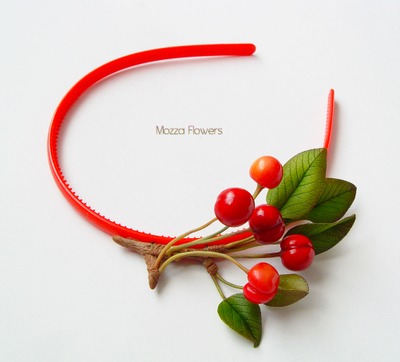 Ободок "С вишнями" из полимерной глины.