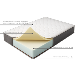 Матрас  беспружинный с пеной мемори и кокосовой койрой, различная жесткость сторон - Монолит ППУ Мемори
