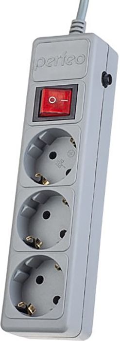 Сетевой фильтр с заземлением и кнопкой Perfeo Power+, 3 м, 3 розетки (серый)