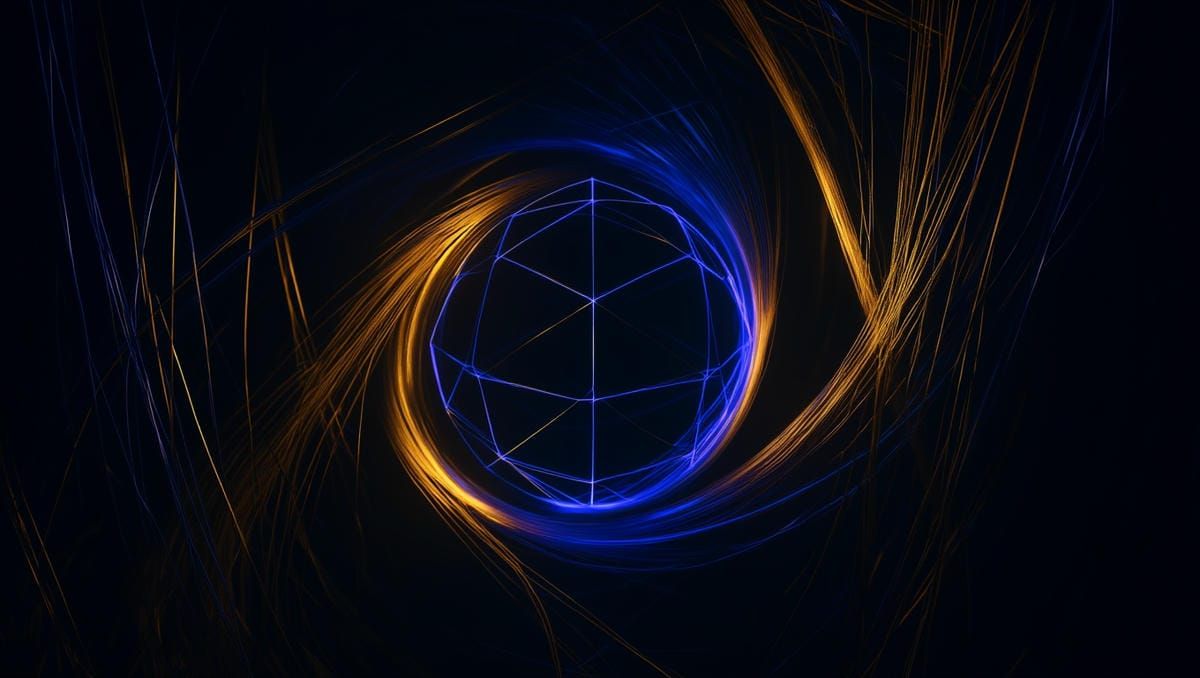 Абстрактные светящиеся нити, которые пересобираются из хаоса в четкую структуру.