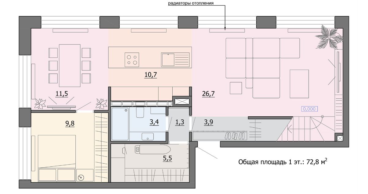 Перепланировка квартиры с устройством антресоли: план нижнего уровня