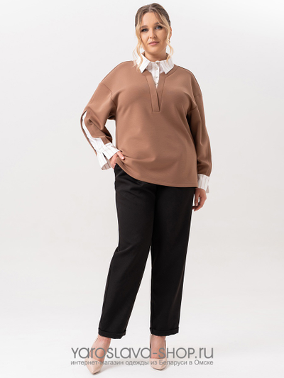 Женский трикотажный комплект: бежевый свитшот и черные брюки 66