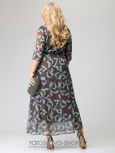 Шифоновое платье коричневое с растительным орнаментом