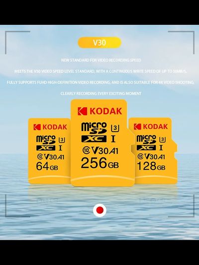 Карта памяти Kodak Micro SD, класс 10, UHS-1 U3 V30 A1 на 256 ГБ, чтение 100 МБ/с, запись данных 30 МБ/с, + переходник SD