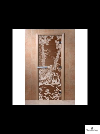 Дверь стеклянная для бани и сауны "Мишки" Бронза матовая 8мм Ольха 1900*700