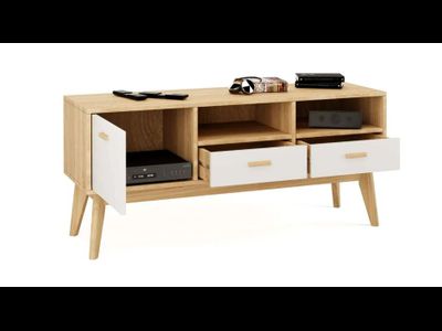 Калгари Тумба под ТВ 1280х400х570 Дуб натуральный светлый / Белый матовый