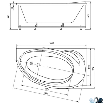 Ванна Aquatek Бетта 160х97 см BET160-0000026, акриловая, правая с каркасом, панелью и сифоном слив-перелив