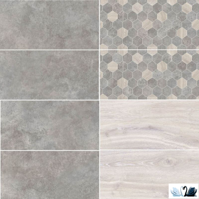 Плитка Belani Cornion дымчатый 30х60 см. Укладка с Декором с шестиугольниками и плиткой под дерево