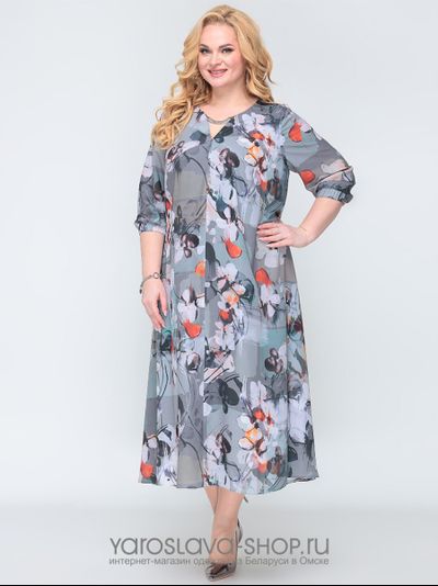 Модель: А-3859. Шифоновое платье серого цвета с белыми орхидеями и оранжевыми лепестками.