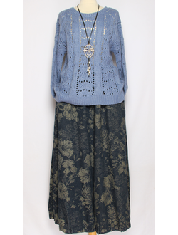 ЮБКА-БРЮКИ джинс-гобелен "ЗАЩИПЫ крупный цветок" синяя р.46-54