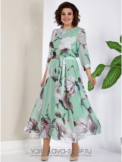 Модель: 2464-2.Элегантное шифоновое платье в светло-зеленом цвете с цветочным принтом