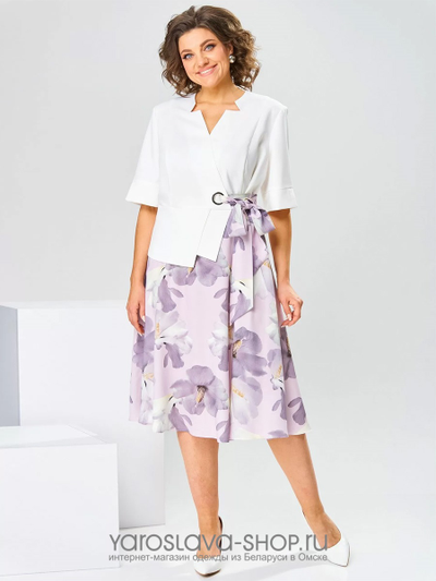 Платье-имитация костюма с белым жакетом и юбкой лавандового цвета