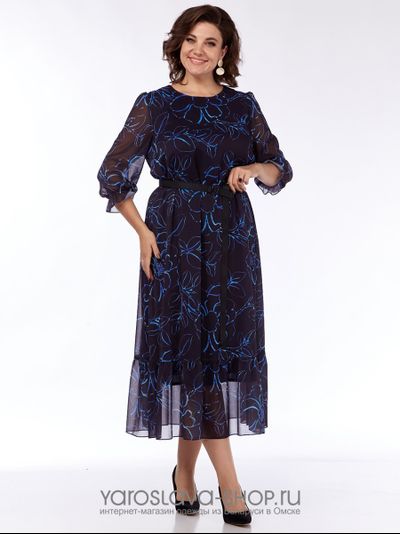 Женское шифоновое платье в синем цвете с цветочным принтом