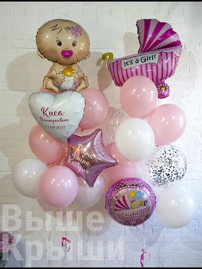 Композиция из воздушных шариков для новорожденной девочки с коляской, карапузом и именными шарами