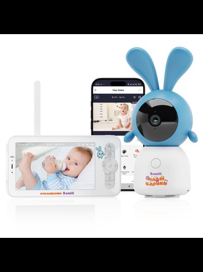 Комплект Ramili Baby RV100KROSH Крошик, Малышарики, Wi-Fi моторизированная видеоняня с креплением + монитор с диагональю 12,7 см., интерком, DVR, 2k (3Mpx)