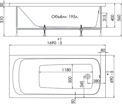 Акриловая ванна 1ACReal Гамма 170x70 размеры