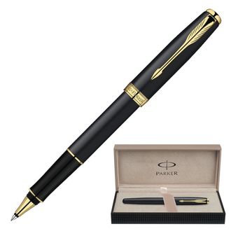 Ручка-роллер подарочная PARKER "Sonnet Matt Black GT", черный матовый лак, позолоченные детали, черная, S0817970