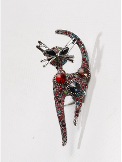 Брошь "Кот в красных стразах "  металл