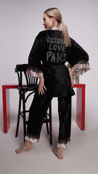 Домашняя одежда Виктория Сикрет 4в1 велюр черная с розовым