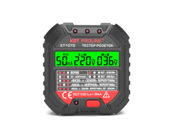 Тестер розеток и УЗО КТ 107D серия PROLINE со светодиодной индикацией и ЖК-дисплей с указанием величины теста УЗО, напряжения в сети и тока утечки