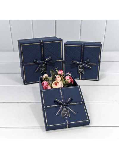Коробка подарочная с бантом и лентой "Best wishes for you" (тем. синяя), 15*15*6,5см