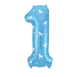 Воздушный шар фольгированный "ЦИФРА 1. Лошадки на голубом. SLIM" 102 см.