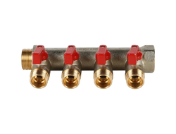 Коллектор распределительный STOUT с шаровыми кранами 3/4", 4 отвода 1/2" (красные ручки) (Арт. SMB 6