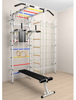 Шведская стенка в квартиру цветная с турником рукоходом, брусьями, скамьей, детскими навесны