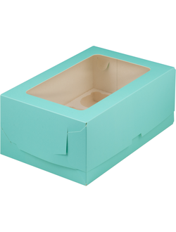 Коробка на 6 капкейков с прям. окном (бирюза), 235*160*100мм