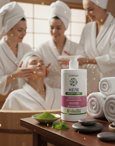 Группа людей в светлой, современной студии рассматривает большой флакон желе «Виватон», обсуждая его