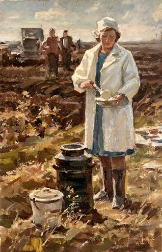 Бернгард О.Э. Пора обедать 1981 г Картон, фанера, масло, 67Х43 (1237)