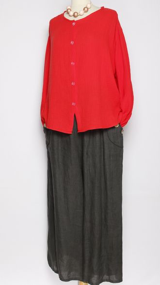 Рубашка Бохо "Муслин без ворота" красная, белая р.50-60