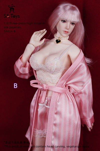 Женская пижама, набор из 3 предметов (розовая) - 1/6 - Three-piece high imitation silk pajamas (SA024B) - SA Toys