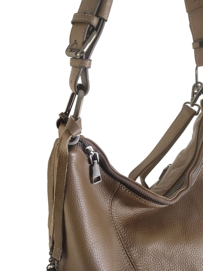 (АРТИКУЛ: 10152/52) СУМКА МЕШОК ЖЕНСКАЯ, НЕБОЛЬШАЯ, НАТУРАЛЬНАЯ КОЖА, ЦВЕТ "КОФЕ С МОЛОКОМ", РУЧКА И РЕМЕНЬ ЧЕРЕЗ ПЛЕЧО *