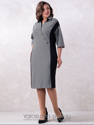 Модель: 1575. Элегантное трикотажное платье серо-черного цвета с рубашечным воротником.