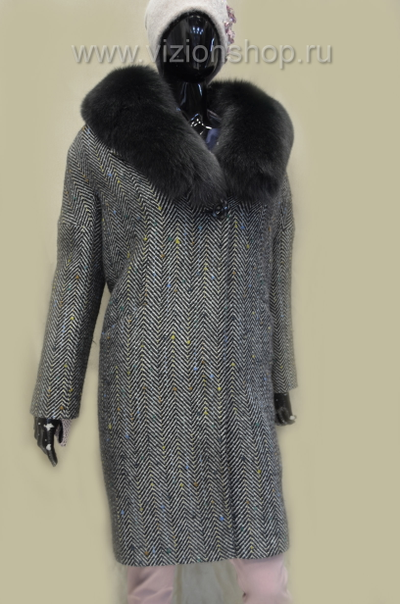 Пальто в елочку женское Арти мода Arti moda 135 с меховым воротником