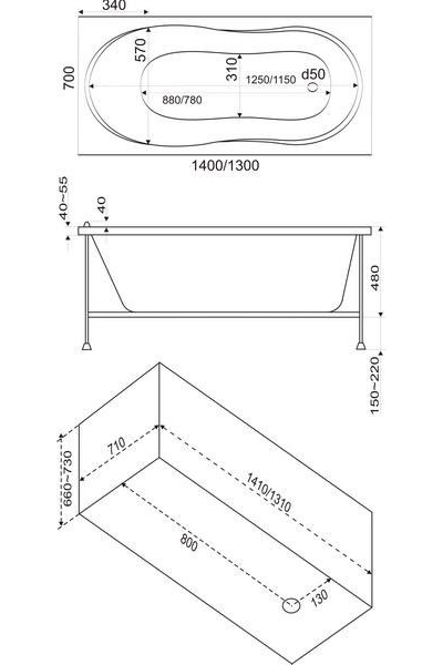 Акриловая Ванна Bas ТЕССА 140х70 с каркасом