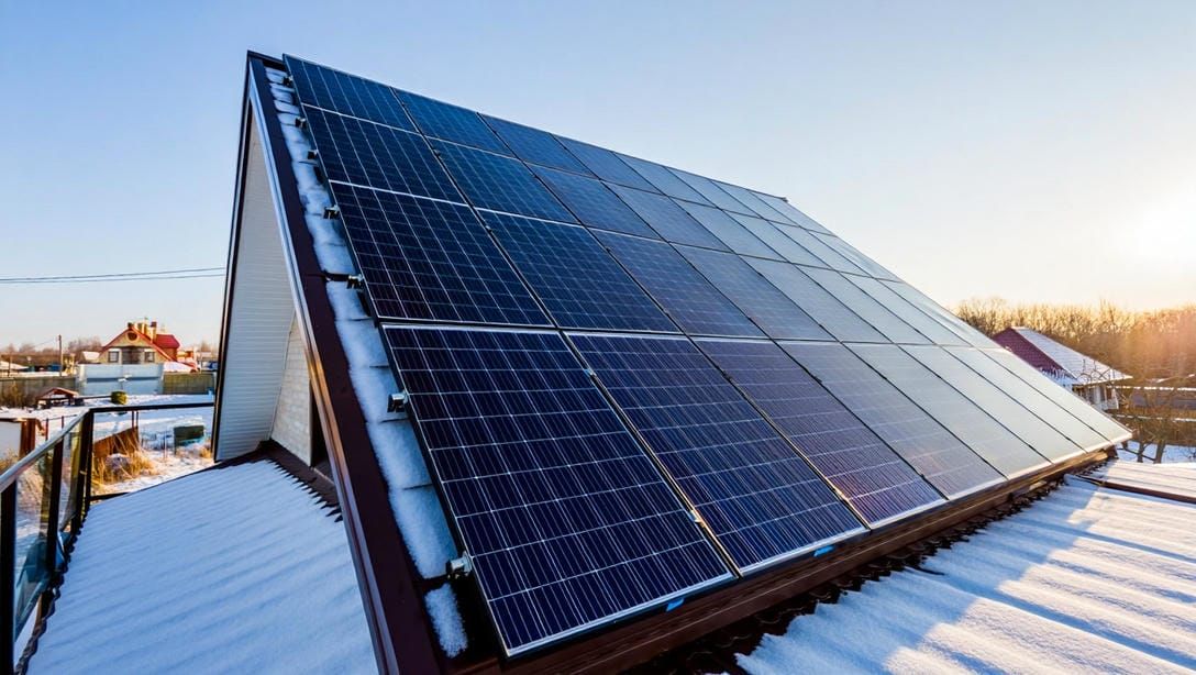 Солнечные панели на скатной крыше частного дома под Екатеринбургом зимой &mdash; панели под углом ~60&deg;