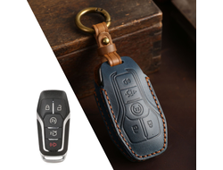 Чехол для смарт ключа Ford F-150, Explorer 5, Mustang 6, Fusion. Натуральная синяя кожа. Ручной шов.