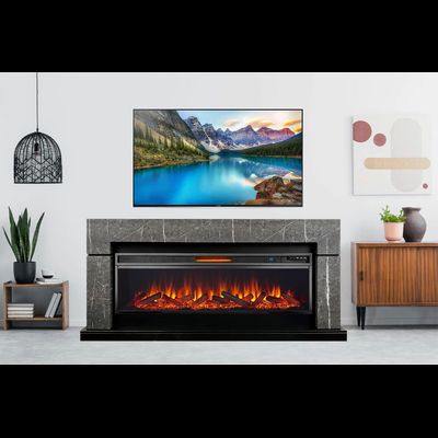 Линейный электрокамин Lindos SFT серый мрамор с очагом Vision 60 LOG LED