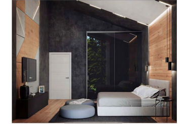 Визуализация клиента. Два разных материала - дерево и бетон, еще и подсветка. Между панелями черная эмалированная шпонка.