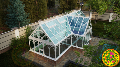 Базовая комплектация теплицы в английском стиле с холлом из стекала и алюминия ДИАНА 3000 х 9000 мм