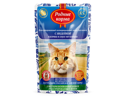 РОДНЫЕ КОРМА 85 г полнорационный консервированный корм для стерилизованных кошек и кастрированных котов с индейкой кусочки в соусе по-елецки