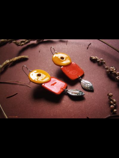 "Степное солнце", крупные этнические серьги в стиле глазурованной керамики