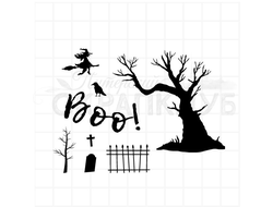 набор штампов Хеллоуин, ведьмы, могилы, летучие мыши