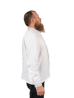 Деловая сорочка "Здрава" белый лён/серая вышивка