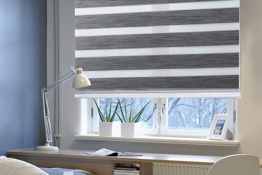Рулонные шторы День-Ночь (Zebra) на окна в гостиную, цвет серый
