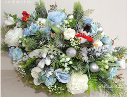 Новогодняя Композиция из искусственных цветов и еловых веток - Голубая № НГ001 - для нового года