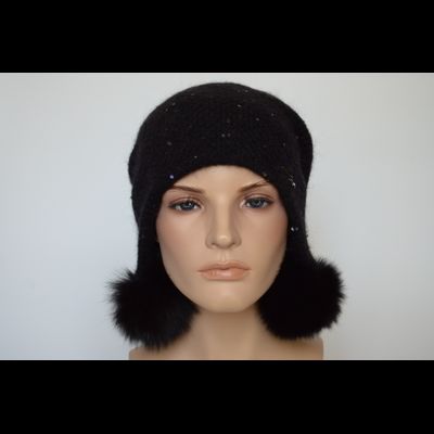 Черная женская шапка ушанка с помпонами вязаная Vizio 6463