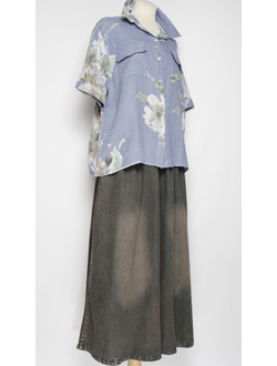 Рубашка лён "ПРЯМАЯ КЛАПАНЫ ЦВЕТЫ" джинс, голубая р.46-50